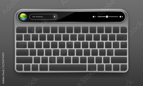 Smart computer keyboard UI mockup with embedded AI assistant bar and volume slider