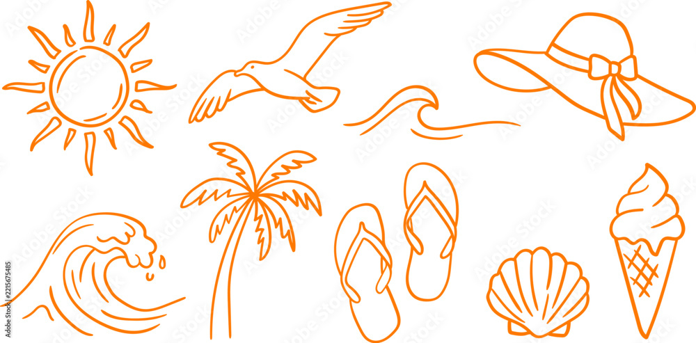 Fototapeta premium Summer holiday icons set with sun palm and beach elements