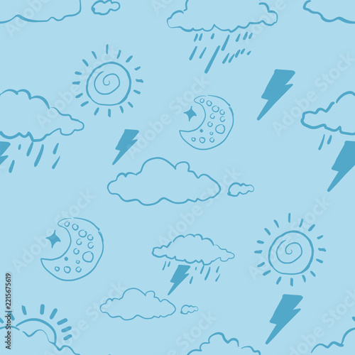Minimalist hand drawn line art weather seamless pattern with sun, moon, clouds, rain, and lightning bolt vector illustration for kids fabric, nursery wallpaper, and packaging