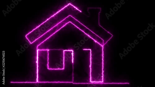 Purple electric neon line house drawing animation loop