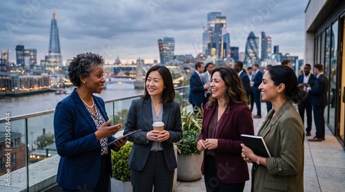 Diverse business professionals networking on a London rooftop at dusk