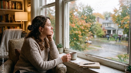 Woman looking out window on rainy autumn day holding mug