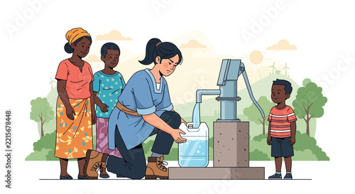 Woman filling water container at manual pump with children watching