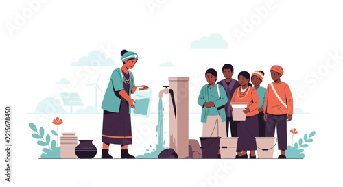Woman filling water jug at well for children, renewable energy background