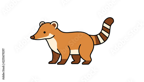 Cute cartoon coati animal illustration with a long striped tail walking isolated on a clean white background.