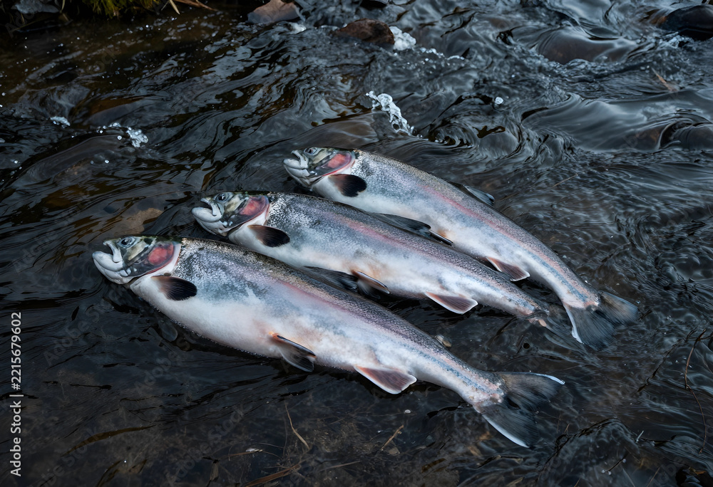 Fototapeta premium Sustainable fishing and food security, fresh rainbow trout caught in a cold mountain river for healthy nutrition and organic seafood industry supply