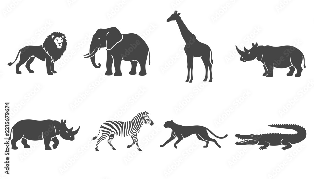 Obraz premium African wildlife animal silhouettes collection set featuring elephant, giraffe, lion, rhino, zebra, cheetah and crocodile.