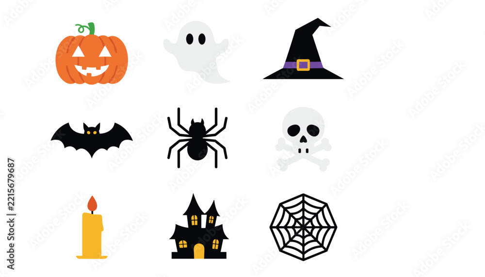 Fototapeta premium Halloween flat icon set featuring spooky elements like pumpkin, ghost, witch hat, bat, spider, skull and haunted house.
