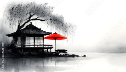 Ink wash painting of a riverside tea house with a red parasol