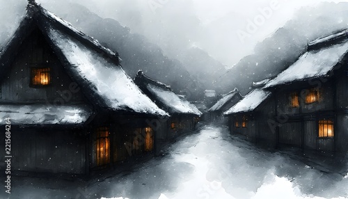 Ink wash painting of a snowy gassho thatched village at night