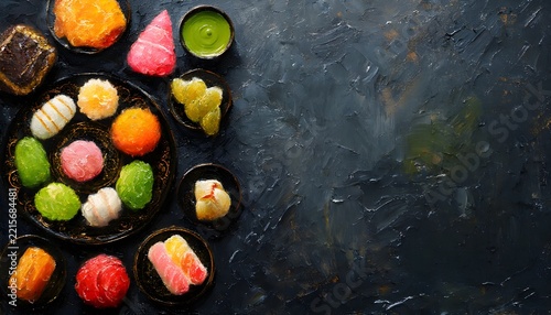 Oil painting of colorful wagashi sweets on a dark table