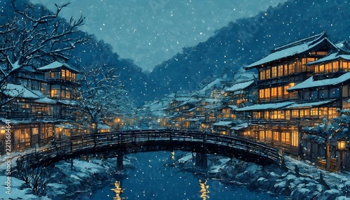 Ukiyo-e style snowy hot spring town at night with a wooden bridge