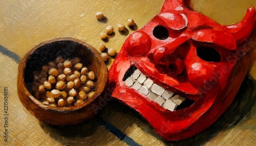 Oil painting of roasted soybeans and a red oni mask for setsubun