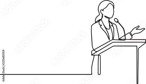 Continuous one line of a businesswoman speaking at podium with microphone, representing leadership, public speaking, and influence.one line vector illustration