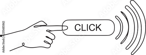 Continuous one line of a hand pointing to a call-to-action button with signal waves, representing advertising engagement.one line vector illustration
