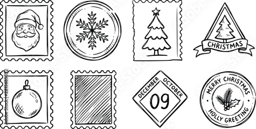 Christmas postage stamps vector illustration set featuring Santa Claus snowflakes pine trees ornaments and holiday greeting labels
