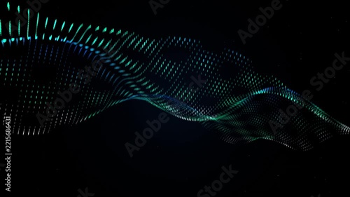 Green blue particle wave twisting across black background