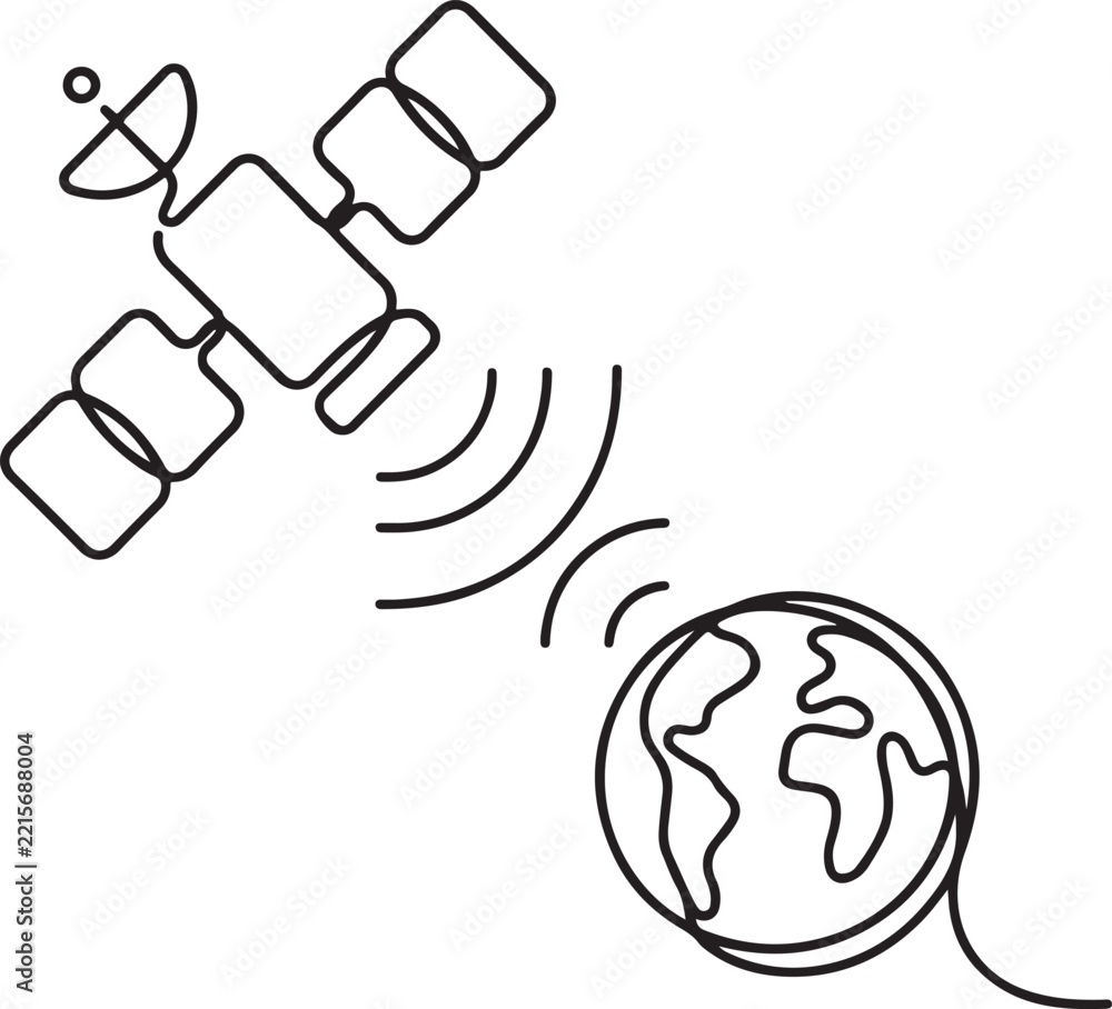 Fototapeta premium Continuous one line of a satellite transmitting signals to earth, representing global communication and broadcasting.one line vector illustration