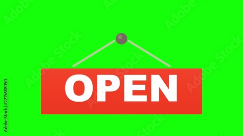 Open Sign Hanging Board Green Screen Motion Graphics, Animated red open sign hanging on green background for store opening, retail business, shop, and video editing keying