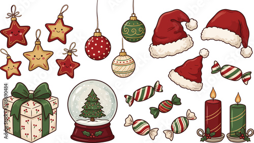 Festive christmas ornaments santa hats and candies in a colorful vector illustration