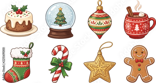 Christmas treats and decorations collection colorful vector illustration on white background