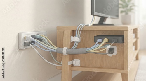 home media cable management closeup Tidy cable management with multiple cords organized behind a wooden TV stand.