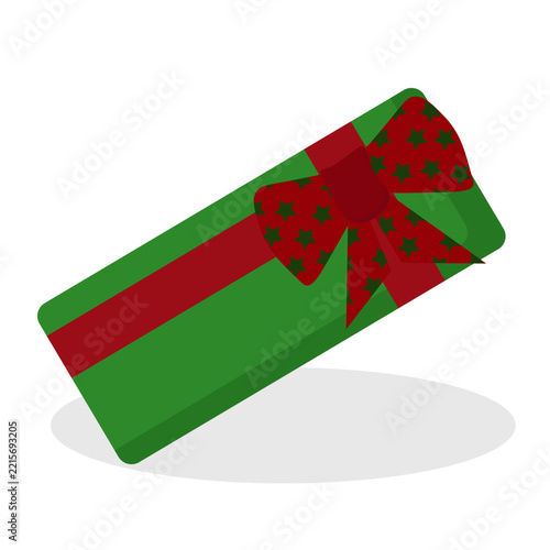 Green wrapped Christmas gift box decorated with a red ribbon and festive bow, white holiday illustration for Christmas cards, gift packaging, banners, invitations and seasonal designs.
