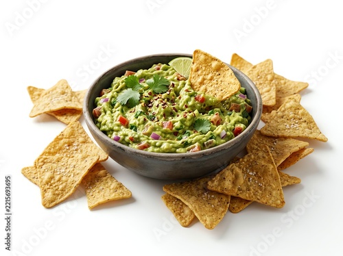 Bowl of fresh guacamole with tortilla chips isolated on white background