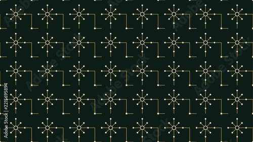 Seamless circuit board snowflake pattern in gold on dark green