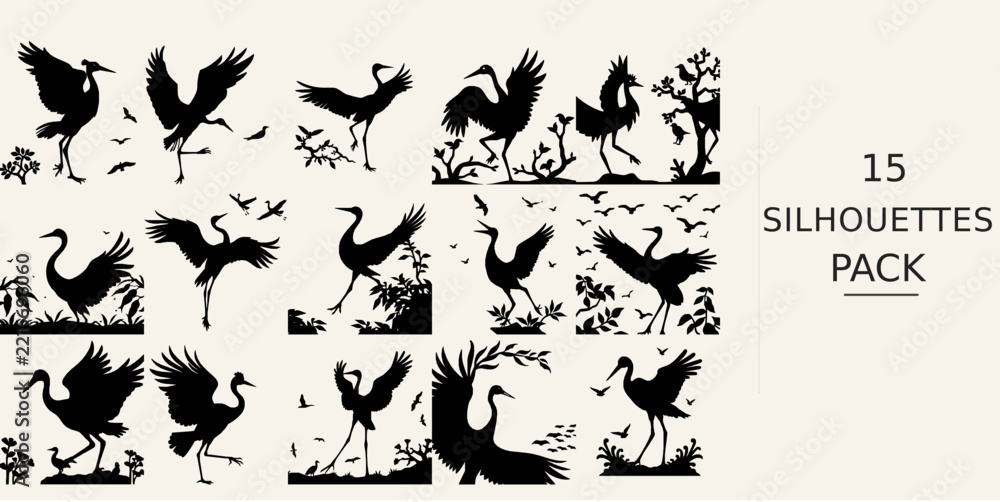 Fototapeta premium Crane Bird Dancing Silhouette Close Up View Paper Cut Silhouette Style Vector SVG Black Shape on White Background Clipart Graphic