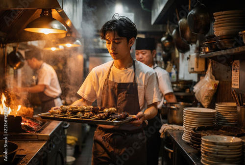 Chef preparing delicious grilled skewers in a busy restaurant kitchen.