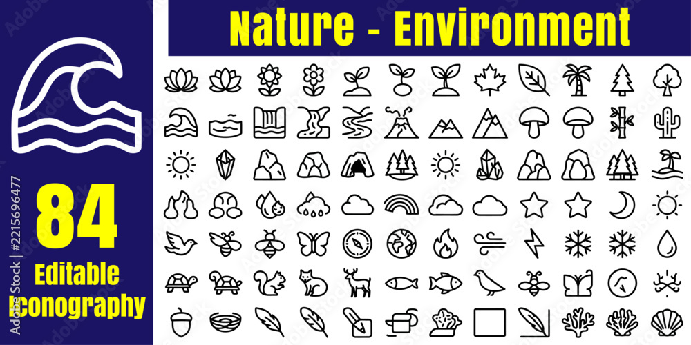 Fototapeta premium Nature - Environment Icon Pack: A comprehensive collection of 84 editable line icons representing various elements of nature and the environment.