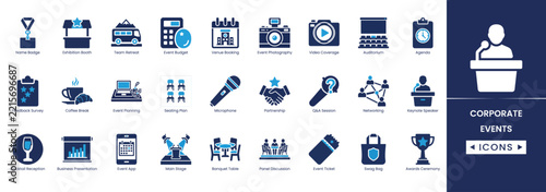 Set of corporate event icons, professional business conference and meeting elements, vector illustration