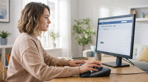 Woman using digital public services portal with trackball mouse. Adaptive technology for online government administration. Inclusive digital access and community assistance concept
