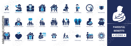 Set of parental benefits icons, including baby stroller, childcare, maternity leave, and family support, vector illustration