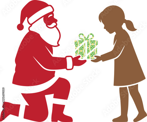 Kneeling Santa Claus Handing Gift to Girl, Christmas Vector Silhouette