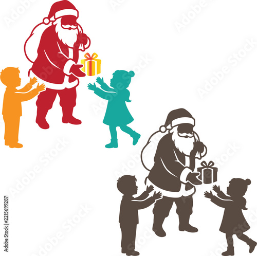 Santa Claus Giving Gift to Two Happy Children, Color and Brown Vector Silhouette