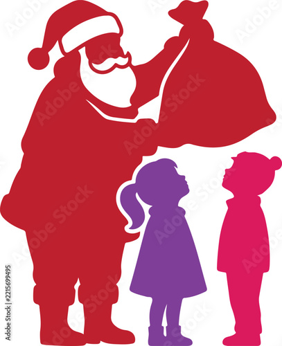 Santa Claus Holding Gift Sack Above Two Children, Red Vector Silhouette