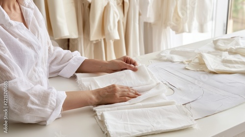 Designer arranging white cotton fabric swatches on table, textile sampling, garment pattern development and fashion design process