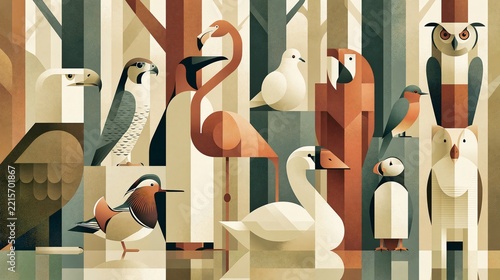 Animal Stylized Bird Collection With Geometric Forms Evoking Freedom