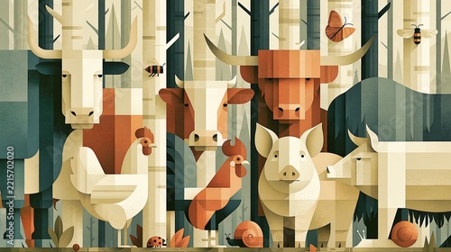 Farm Abstract Animal Composition With Layered Forms Suggesting Natural Harmony