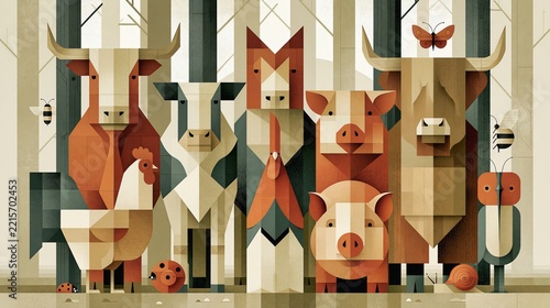Animal Farm Stylized Nature Composition Suggesting Diversity Balance Connection