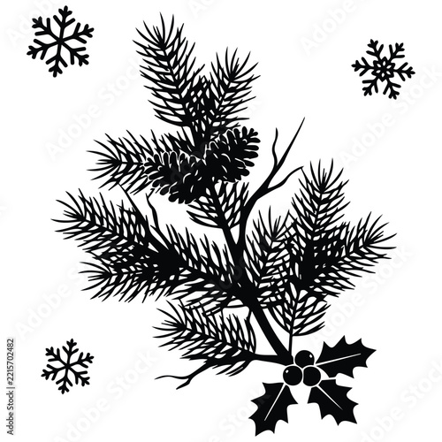 Evergreen branch silhouette with pinecones and holly leaves for winter holiday decoration.