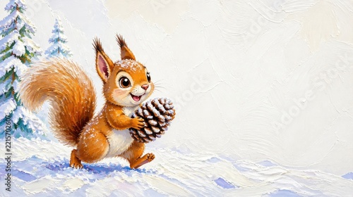 Cute cartoon squirrel holding a snow-covered pinecone in a winter forest scene