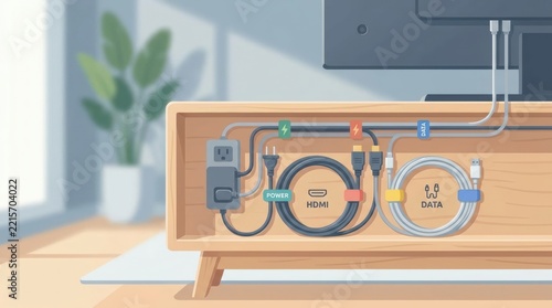 home media cable management closeup Wooden media console with organized HDMI and data cables inside compartments