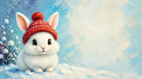 Cute White Bunny Rabbit Wearing Red Knitted Hat Sitting in Snowy Winter Landscape