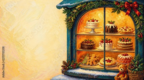 Festive Christmas showcase with decorated cabinet filled with holiday cakes and treats