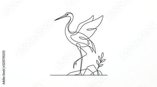 Minimalist continuous line drawing of a crane bird standing on ground with small plants standing minimalist