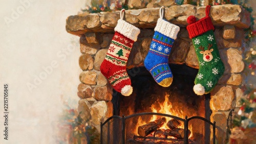 Festive Christmas Stockings Hanging on Rustic Fireplace Mantel with Burning Fire