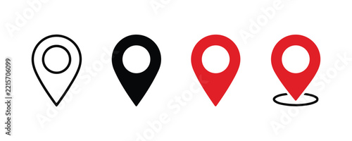 Map location pin variations including outline, solid black, red, and map marker on ground.